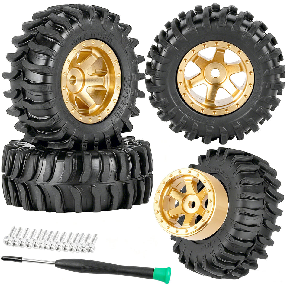 hopsupRC 0.7" RC Wheels RC Tires for 1/32 1/30 Axial SCX30 Red cat Ascent-32.0.7 Beadlock Brass RC Wheel Hub Rim Highway Tires Rubber Tires RC Truck Tires Heavy Duty Rim