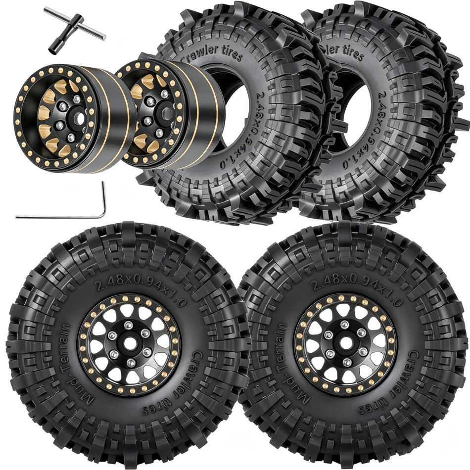hopsupRC 1.0 RC Wheels RC Tires for Traxxas Axial 1/18 1/24 TRX4M,SCX24,FCX24 RC Crawler,1.0" RC Truck Tires Highway Tires 1.0" RC Wheels 1.0 Beadlock Brass Wheel Rim RC Tires Black