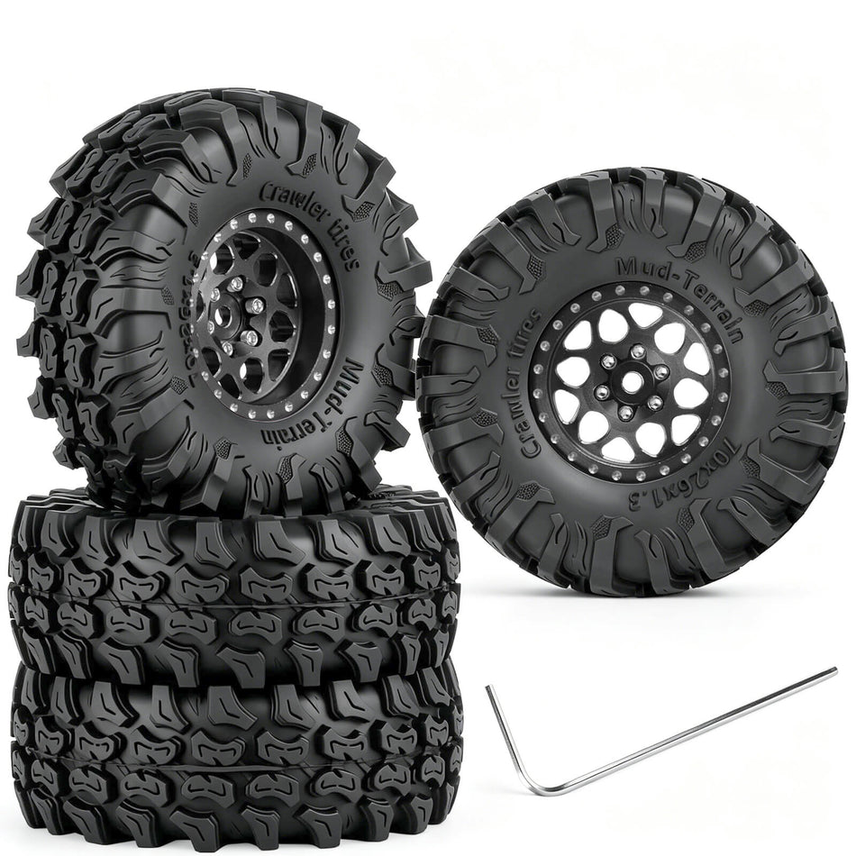 hopsupRC for 1/18 1/24 Traxxas Axial SCX24 TRX4M,1.3 Beadlock RC Wheels and Tires,1.3" Aluminum & Brass RC Wheel Hub Rim Rubber Tires RC Truck Tires Heavy Duty Rim