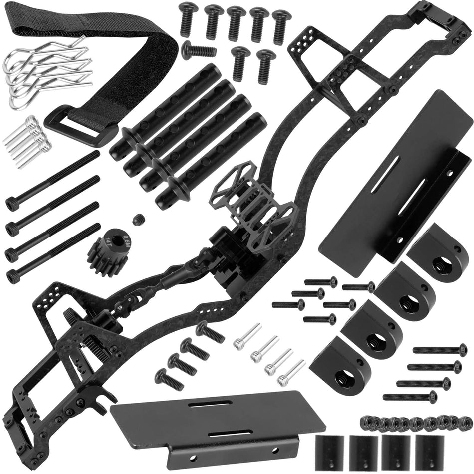 hopsupRC LCG Carbon Fiber Chassis Kit & Front Mounted Transmission Upgrades Part for Axial 1/10 RC Crawlers SCX10 SCX10 II Capra 1.9 UTB and Other DIY Builds,Aluminum Gearbox Carbon Fiber Chassis