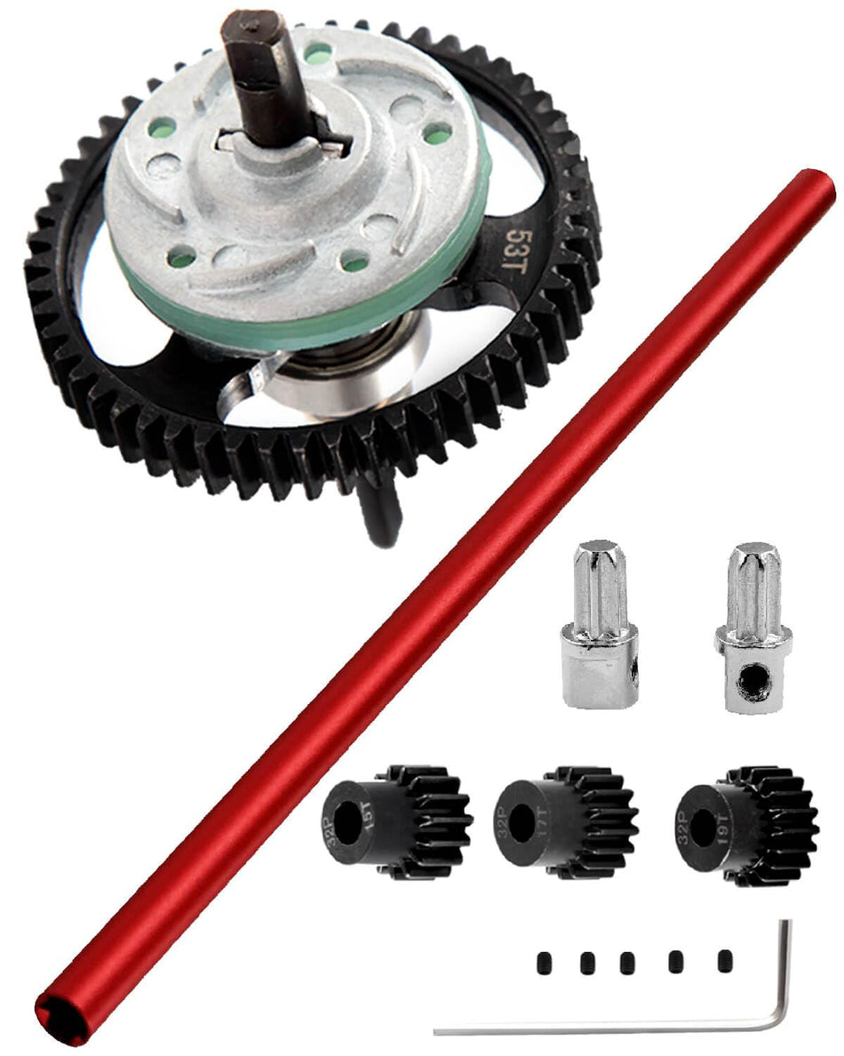 hopsupRC Upgrades Part for 1/10 traxxas Slash 4X4/Slash 4X4 VXL,Aluminum Driveshaft Center & Metal Spur Gear Differential Gears 53T(32-Pitch) with 15T/17T/19T Pinions Gear Sets