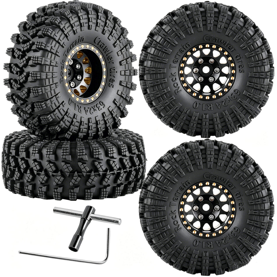 hopsupRC RC Full Brass 1.0 RC Wheel RC Tires for 1/18 1/24 Trx4m Traxxas Axial SCX24 RC Crawler,1.0" Beadlock RC Truck Tires and Wheel Highway Tires Wheel Rim,4PCS