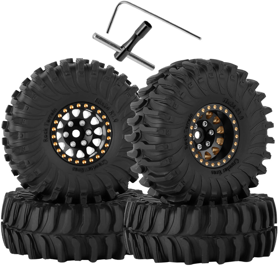 hopsupRC RC Full Brass 1.0 RC Wheel RC Tires for 1/18 1/24 Traxxas Trx4m Axial SCX24 RC Crawler,1.0" Beadlock RC Truck Tires and Wheel Highway Tires Wheel Rim,4PCS Style B