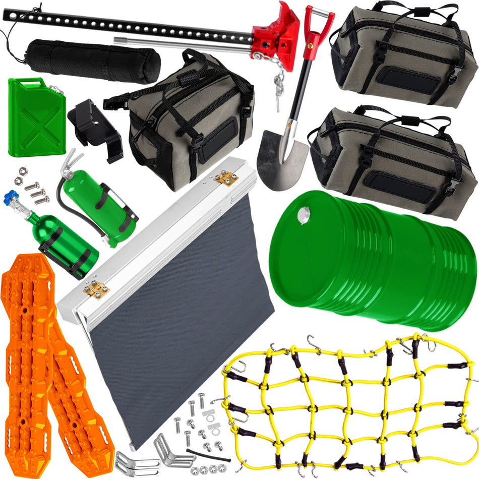 hopsupRC Crawler Car Decoration for 1/10 Traxxas Axial Trx4 Trx6 SCX10 Gen 7/Gen 8,Mini Luggage Net,Simulation Package,Shovel,Fuel Tanks,Recovery Board,Fire Extinguisher,Tent,Monkey Pole
