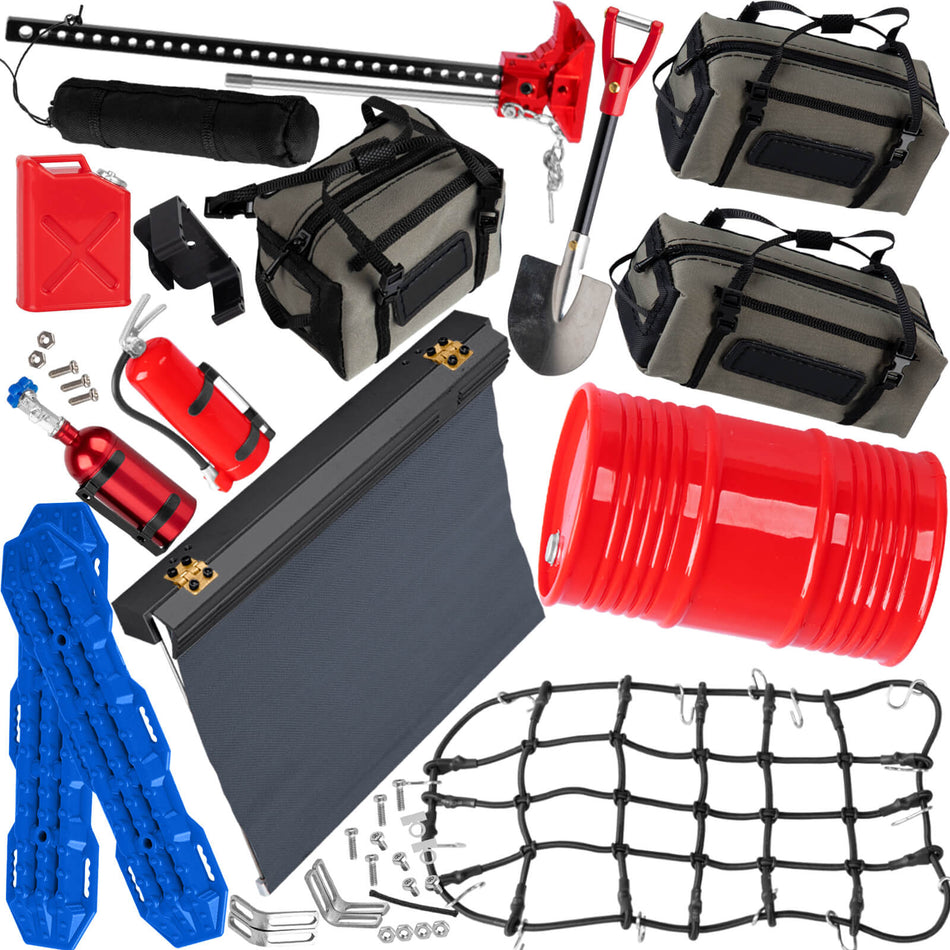 hopsupRC Crawler Car Decoration for 1/10 Traxxas Axial Trx4 Trx6 SCX10 Gen 7/Gen 8,Mini Luggage Net,Simulation Package,Shovel,Fuel Tanks,Recovery Board,Fire Extinguisher,Tent,Monkey Pole