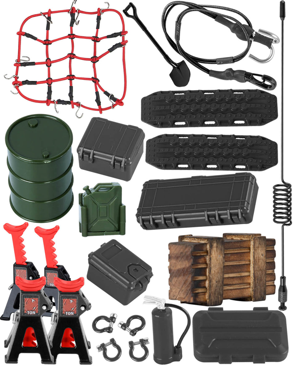 hopsupRC Accessories Simulation Decoration for 1/18 1/24 Traxxas Arrma TRX4M SCX24 RC Crawler,Hydraulic Jack/Oil Drum/Tow Rope/Recovery Board/Wooden Box/Antennas/Mini Luggage/Fire ExtinguisherNet/Toolbox