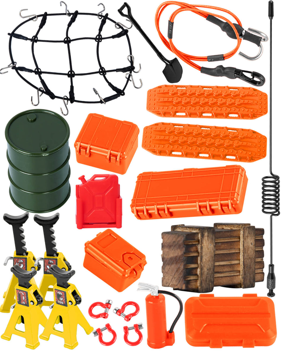 hopsupRC Accessories Simulation Decoration for 1/18 1/24 Traxxas Arrma TRX4M SCX24 RC Crawler,Hydraulic Jack/Oil Drum/Tow Rope/Recovery Board/Wooden Box/Antennas/Mini Luggage/Fire ExtinguisherNet/Toolbox