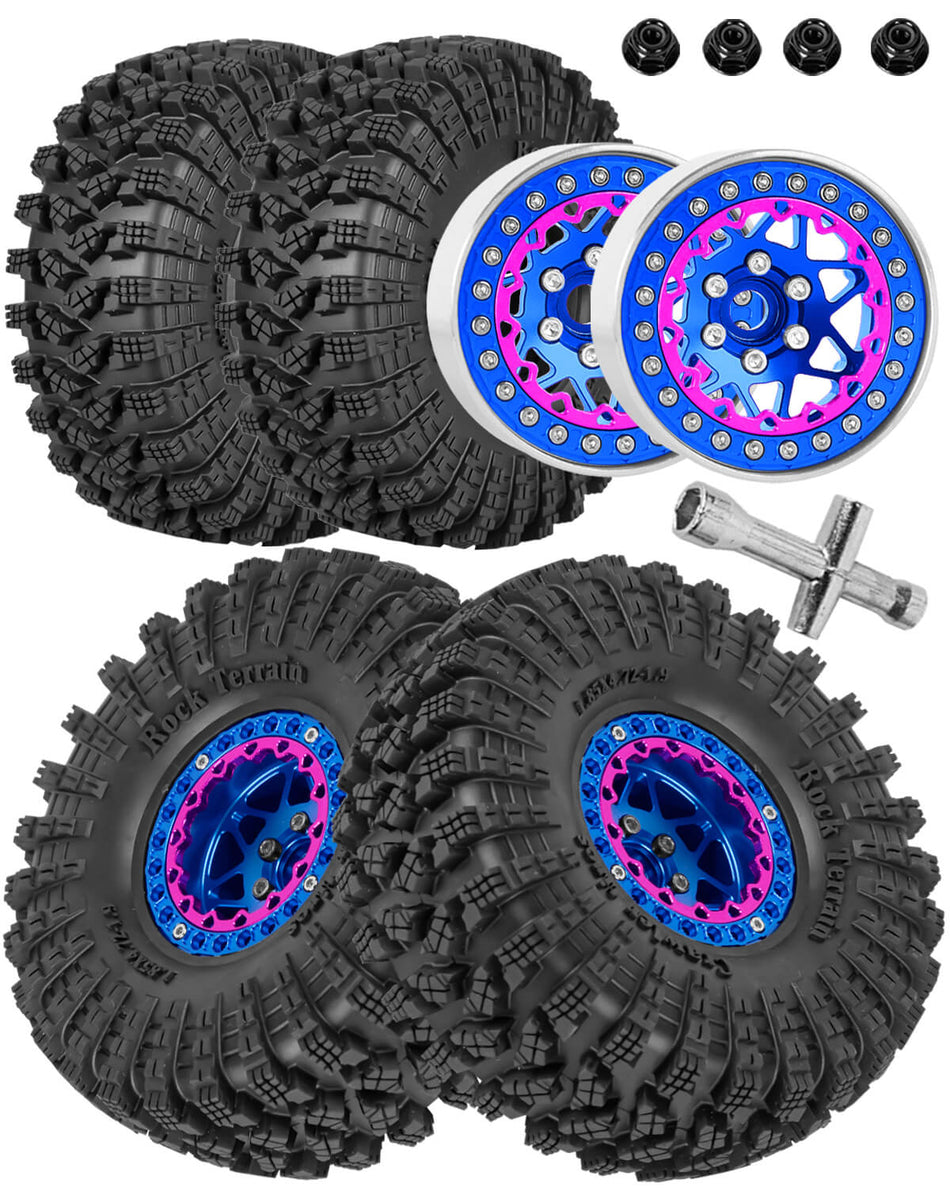 hopsupRC 1.9 RC Wheels for Axial 1/10 SCX10 90046 AXI03007 TRX4 TRX6 VS4-10 Gen7 Gen8 MST CFX D90.Aluminium RC Truck Tires Highway Tires 1.9" RC Wheels and Tires 1.9 Beadlock Wheel Rim RC Tires