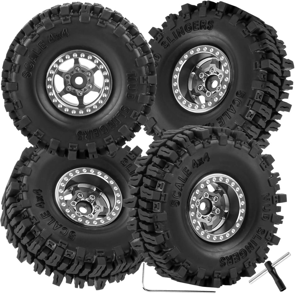 hopsupRC RC 1.0 Beadlock Truck Tires for Traxxas Axial 1/18 1/24 Trx4m SCX24 RC Crawler,RC Wheels Tires.Aluminum 1.0‘’ Beadlock Wheel Rim&1.0in Tires Tyres.Titanium(4PCS)