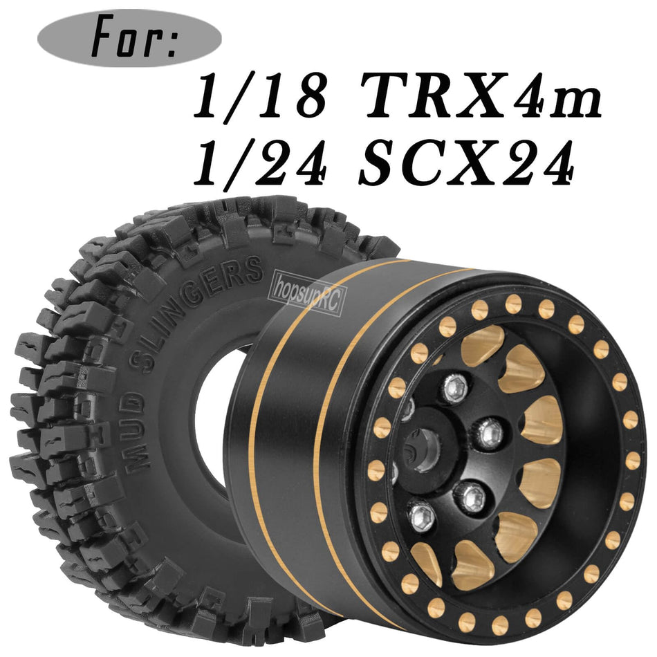 hopsupRC 1.0 Beadlock RC Wheels for 1/18 Traxxas Trx4m 1/24 Axial SCX24 RC Crawler,Full Brass 1.0'' RC Truck Tires RC Wheels 4pcs Black