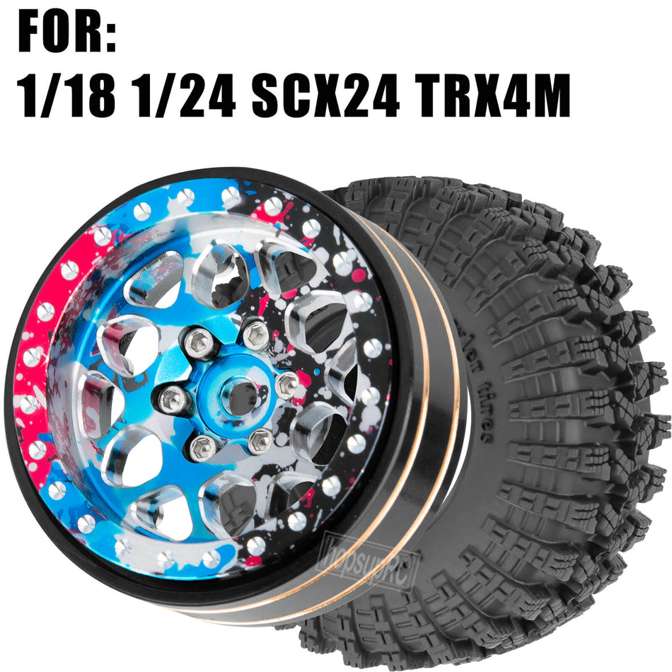hopsupRC 1.3" Wheel Tires for Traxxas Axial 1/18 1/24 Trx4m SCX24 RC Crawler,1.3 Beadlock Aluminum RC Wheel Rims Brass Rings All Terrain RC Tires