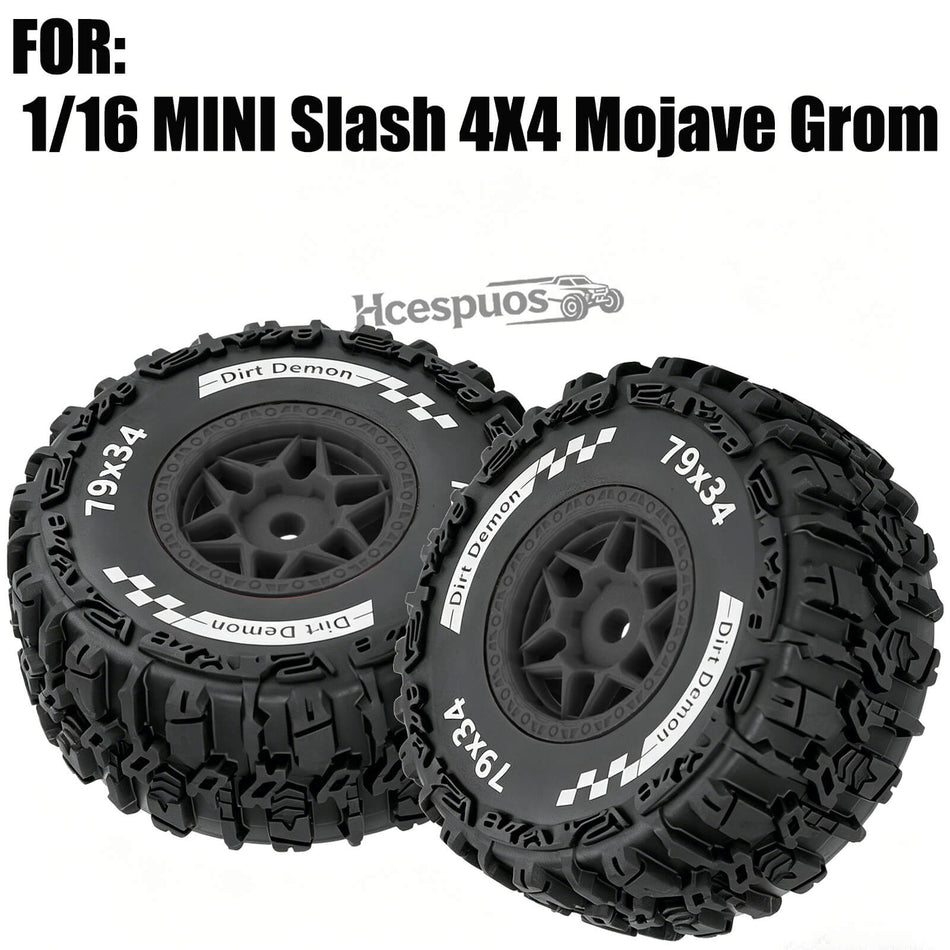 Hcespuos for 1/16 Traxxas MINI Slash 4X4 Mojave Grom,RC Wheels and Tires,Pre-Glued Wheel Tire Set,RC Truck Tires Highway Tires Rubber Tires Wheel Rim,4PCS